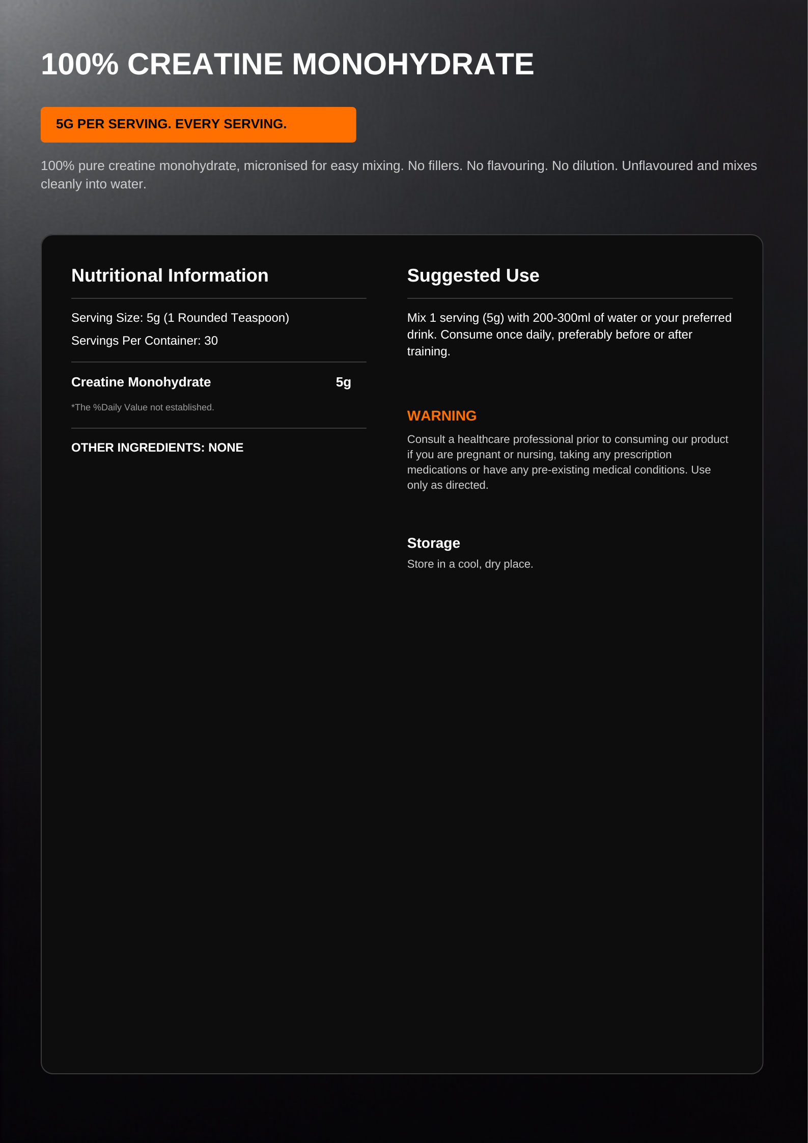 Creatine Monohydrate Nutritional Facts Panel