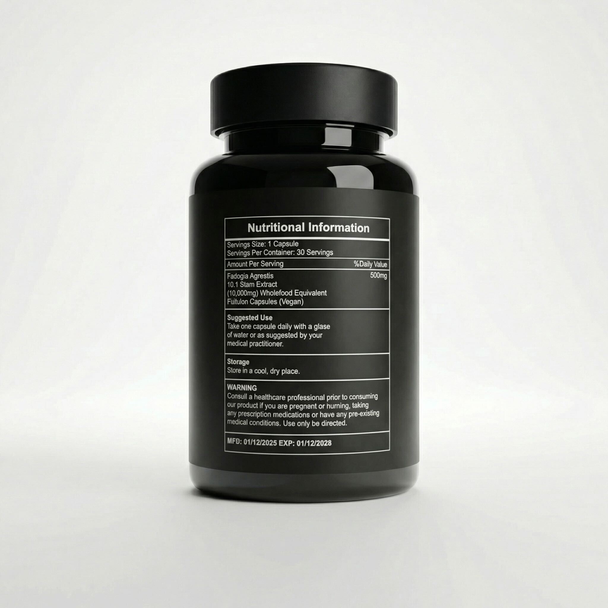 Fadogia Agrestis supplement label back view showing ingredients, dosage, and directions”