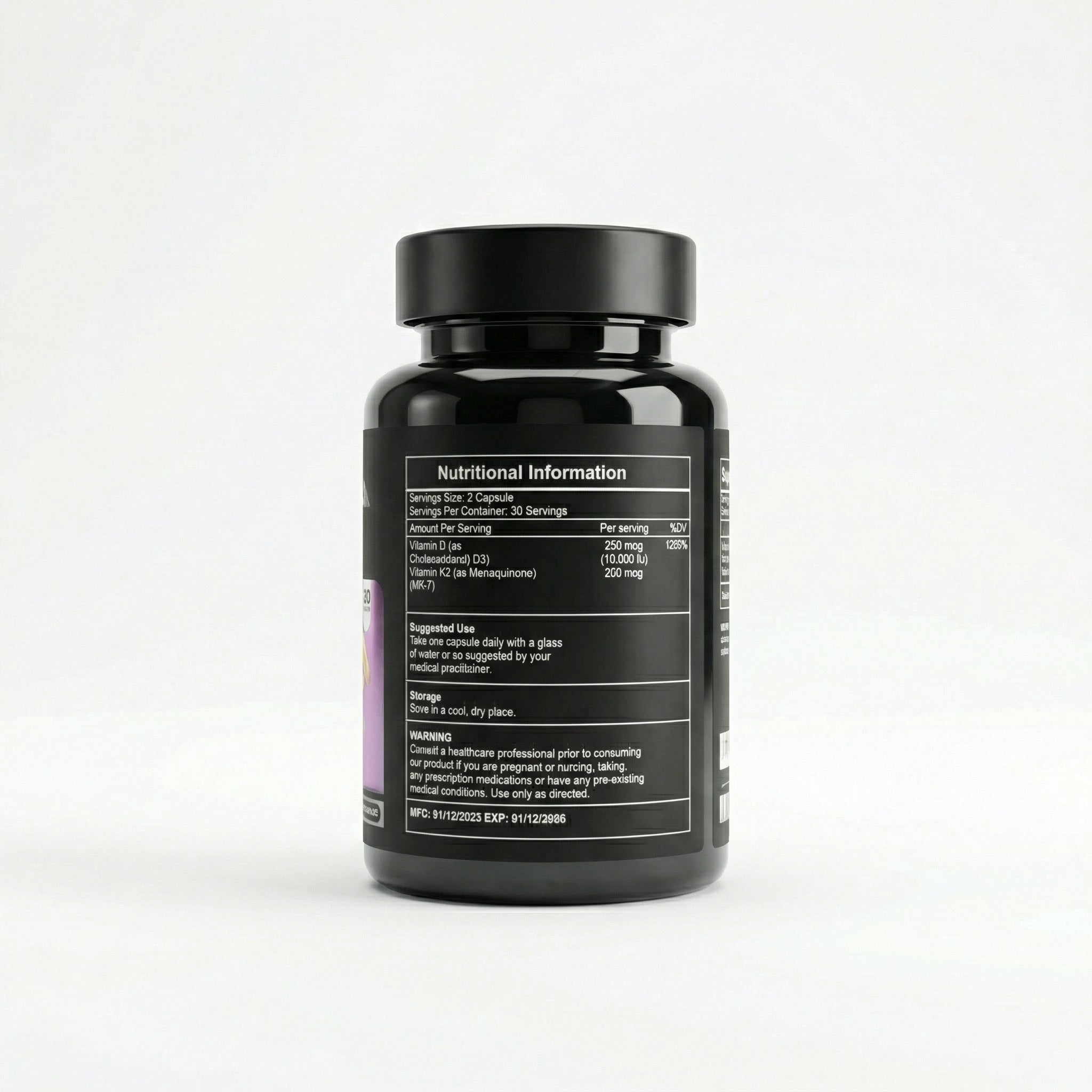 Vitamin D3 + K2 (MK-7) capsules in black bottle for hormone and bone health
