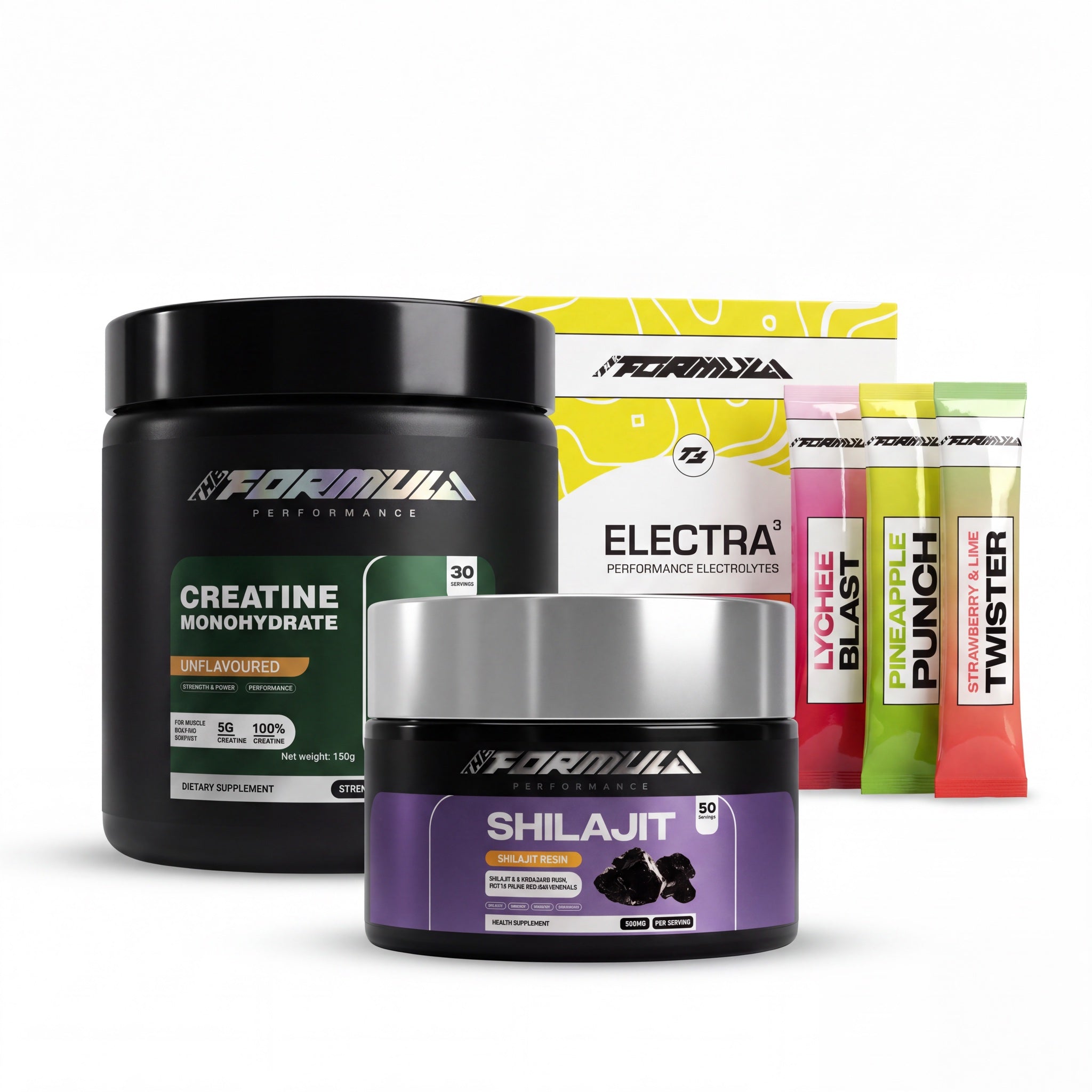 The Foundation Stack — Shilajit, Creatine Monohydrate and Performance Electrolytes bundle, white background catalog shot